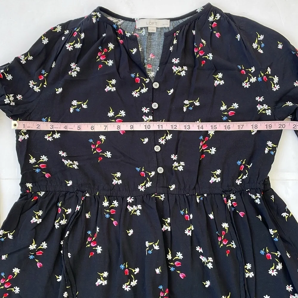 LOFT Black Casual Floral Side Tie Sundress Long Sleeves Medium Petite